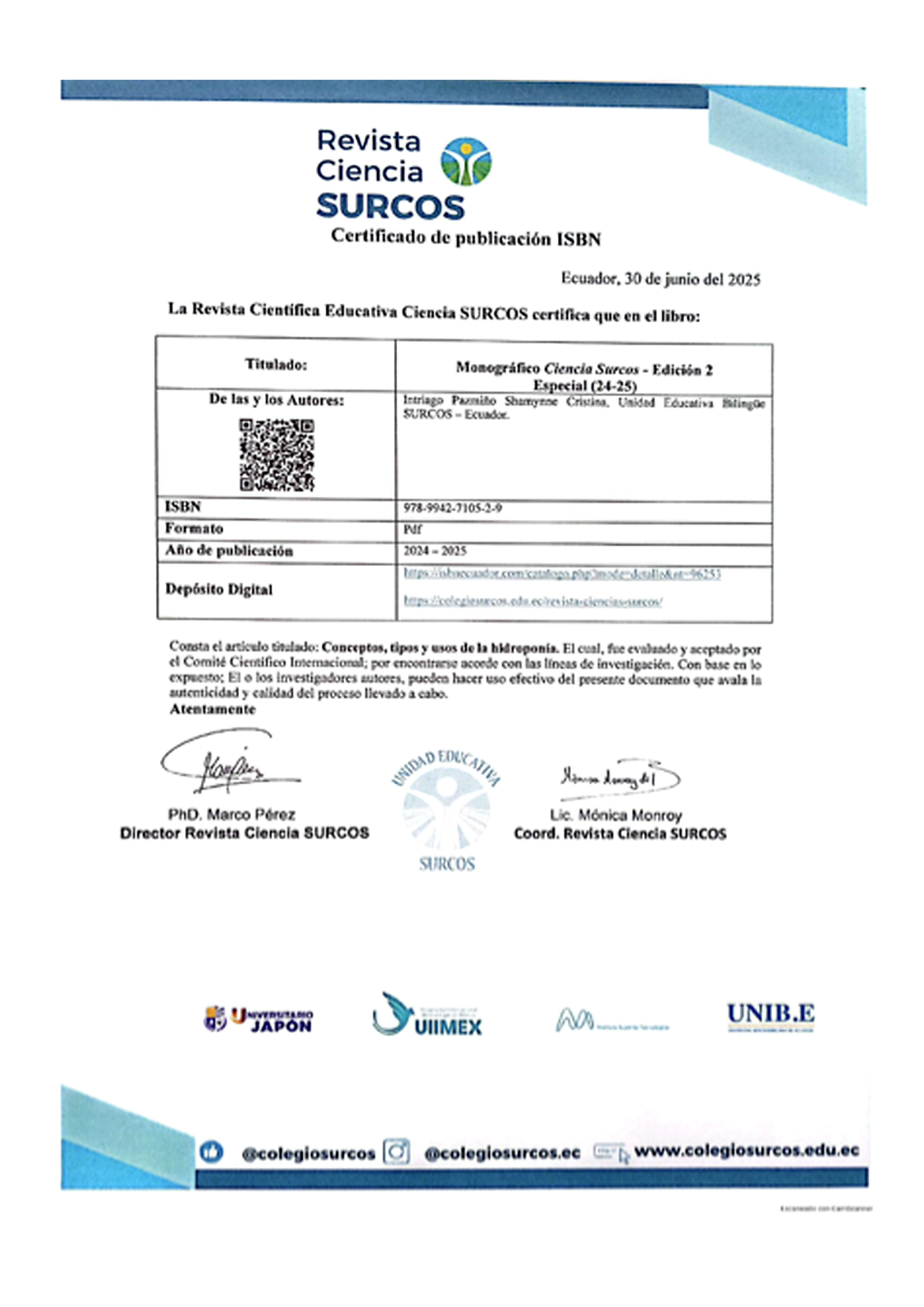 Certificado Revista Ciencias